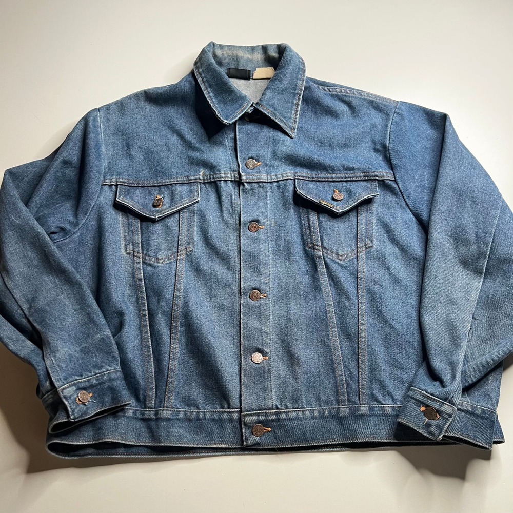 Vintage Roebucks Denim Trucker Jacket Mens Blue 1970s Jean Jacket Medium Wash